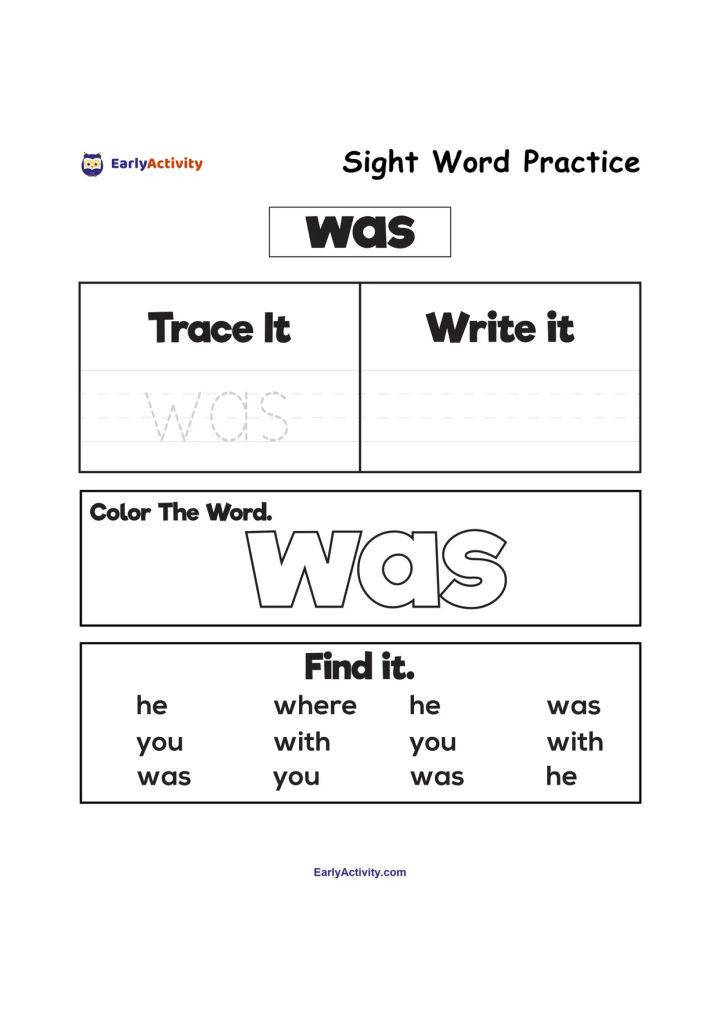 Sight word worksheet for practising “was” with tracing, writing, colouring the word, and finding it among other words.