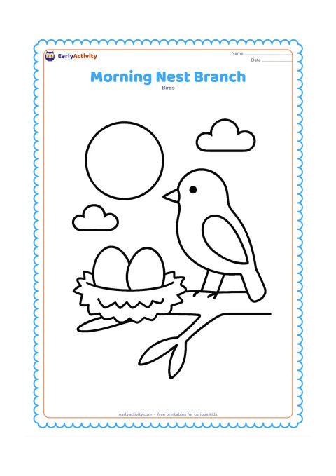 Colouring page: A nest with two eggs rests on a branch beneath a large rising sun. One parent bird perches nearby, with a few rounded clouds in the sky.