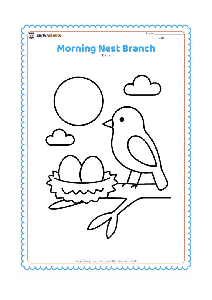 Colouring page: A nest with two eggs rests on a branch beneath a large rising sun. One parent bird perches nearby, with a few rounded clouds in the sky.