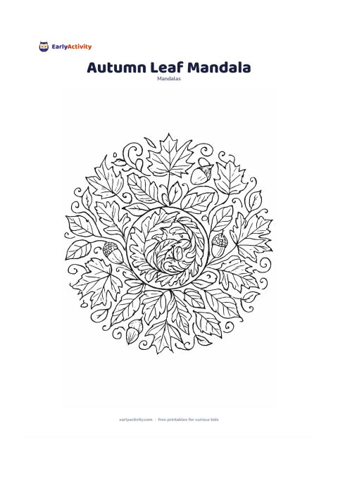 Colouring page: Create a circular mandala based on overlapping autumn leaves, with a curled leaf pile at the centre and repeated maple-like, rounded and pointed leaves radiating outward. Add acorns,…