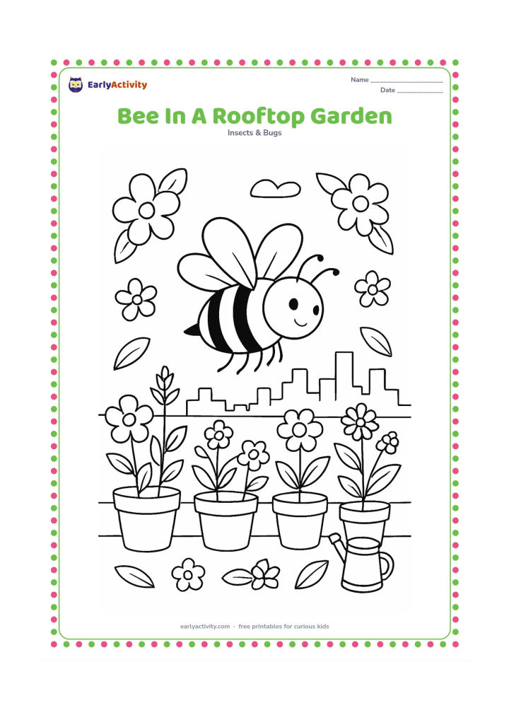 Colouring page: A bee visits flowers in an Indian rooftop garden with rows of pots, a low parapet, a water container and a distant city skyline. Add leaves and several different flower shapes around the…
