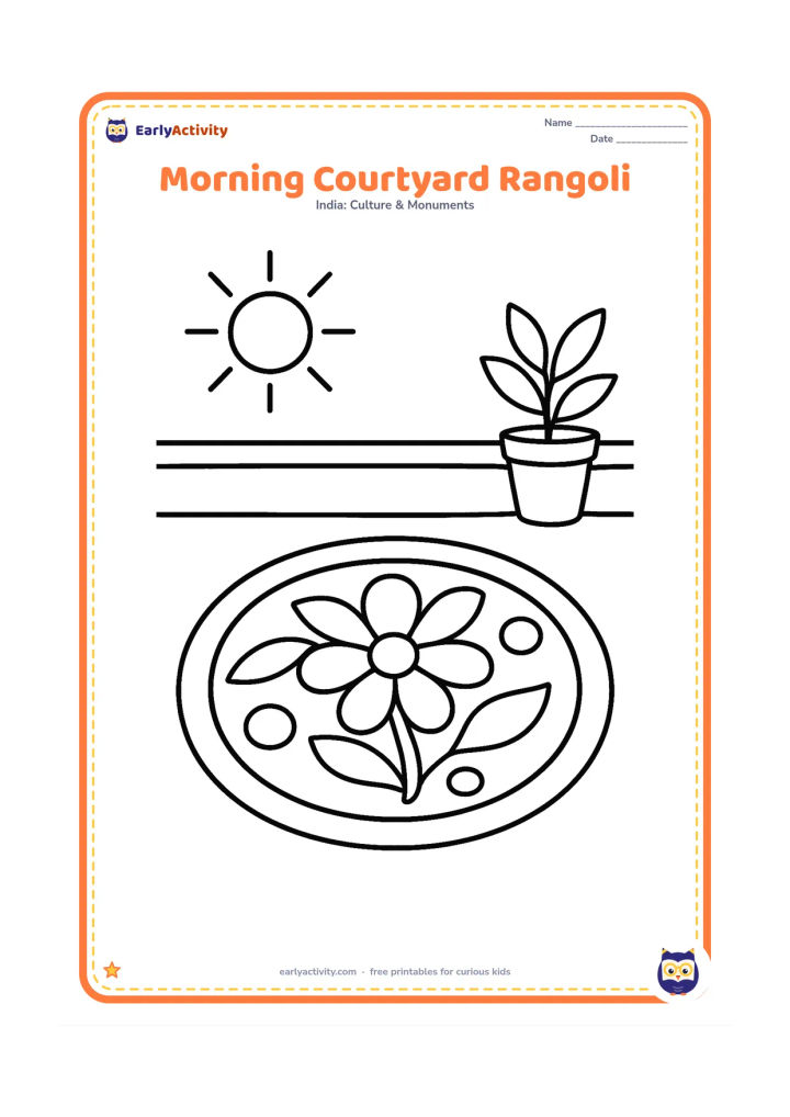 Colouring page: Draw a bold oval rangoli in a sunny courtyard, with a large flower center, broad curved leaves and a few oversized dots. Include a low wall, a potted plant and simple sun rays in the…