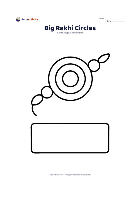 Worksheet: Draw a large central rakhi made from three bold concentric circles, a short thread, and four big beads, with a wide blank panel below for a personal message. Keep the design centered and…