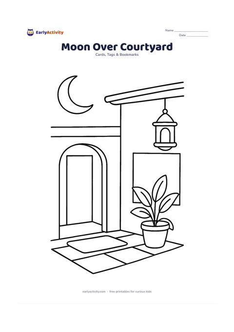 Worksheet: A crescent moon shines above a small home courtyard with a doorway, potted plant, floor mat, and hanging lantern. Leave an open section of wall for a message.