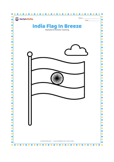 Colouring page: Draw the Indian flag waving from a short pole, with three broad horizontal bands and a simple central wheel symbol. Place it against an open sky with one small cloud.