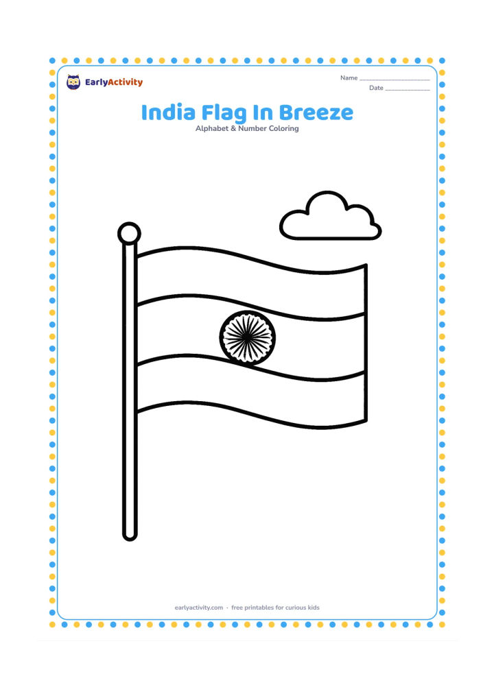 Colouring page: Draw the Indian flag waving from a short pole, with three broad horizontal bands and a simple central wheel symbol. Place it against an open sky with one small cloud.