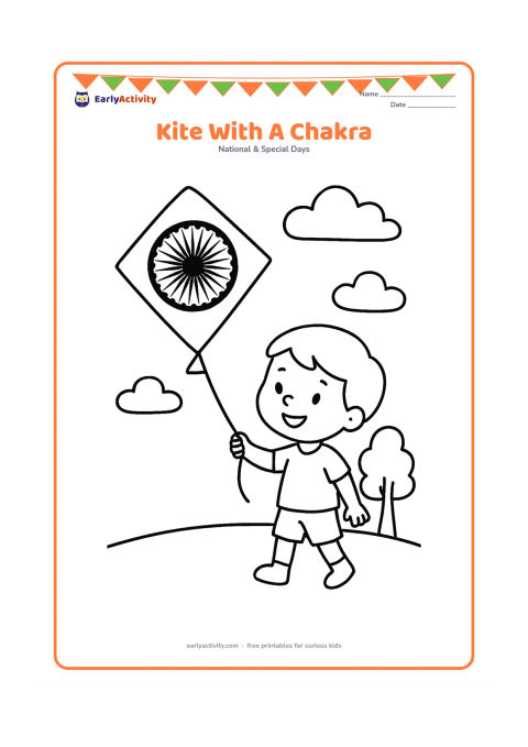 Colouring page: A child flies a diamond-shaped kite decorated with a large Ashoka Chakra while standing in an open field. Show a short kite string, two clouds and a simple tree.