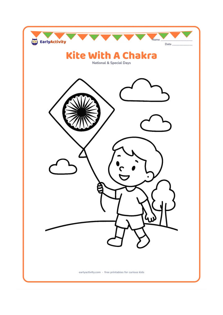 Colouring page: A child flies a diamond-shaped kite decorated with a large Ashoka Chakra while standing in an open field. Show a short kite string, two clouds and a simple tree.