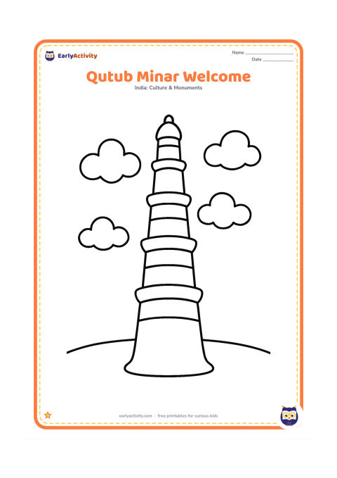 Colouring page: Draw the full Qutub Minar standing upright in the centre, with a wide base, five visible storeys, simple projecting balconies, a few clouds, and a curved ground line. Leave large open…