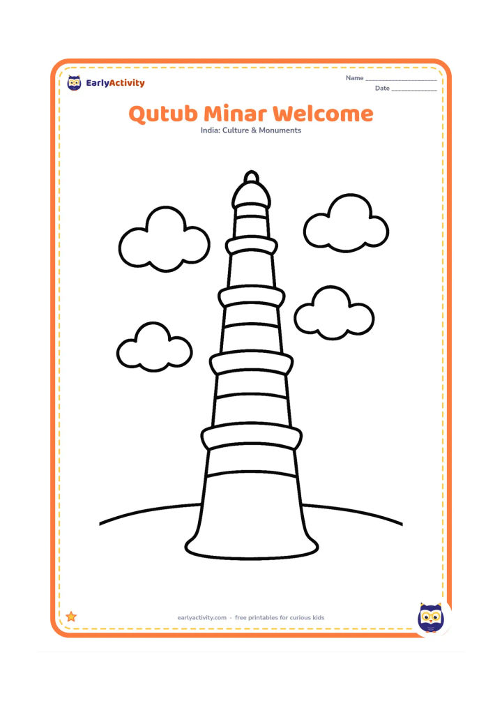 Colouring page: Draw the full Qutub Minar standing upright in the centre, with a wide base, five visible storeys, simple projecting balconies, a few clouds, and a curved ground line. Leave large open…