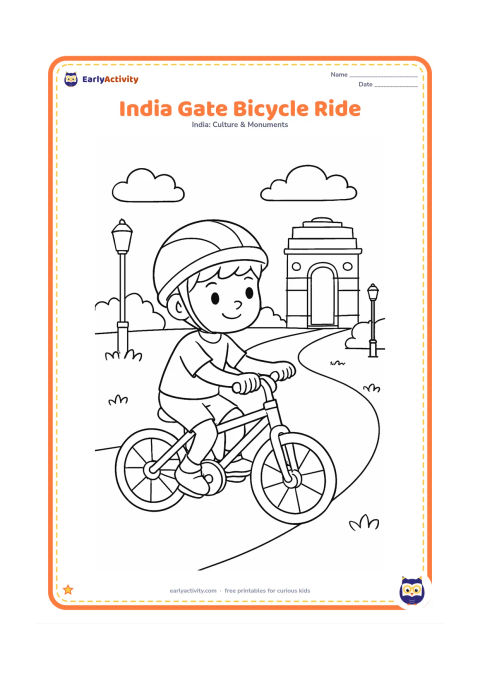 Colouring page: Show a child riding a bicycle on a curved park path with India Gate in the distance. Include lamp posts, shrubs and a few clouds, but no signs or lettering.