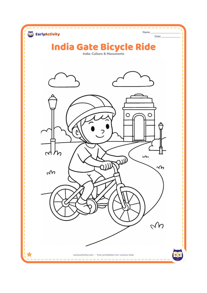 Colouring page: Show a child riding a bicycle on a curved park path with India Gate in the distance. Include lamp posts, shrubs and a few clouds, but no signs or lettering.