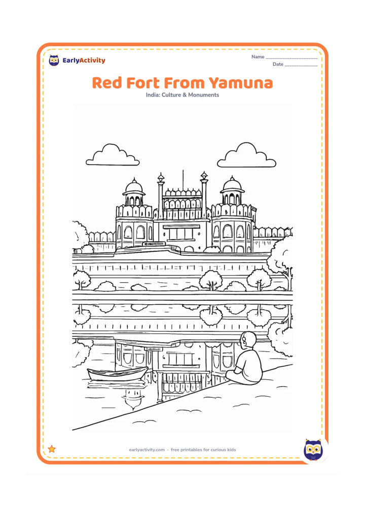 Colouring page: Show the Red Fort viewed from across the Yamuna River, with layered walls, gates, domes and trees reflected in the water. Add a small boat and a person seated on the riverbank in the…