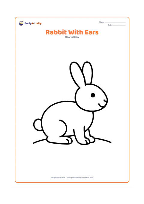 Worksheet: Show a simple side-view rabbit assembled from a large oval body, a smaller round head, two long ears, four short legs and a round tail. Place the rabbit on a single curved ground line.