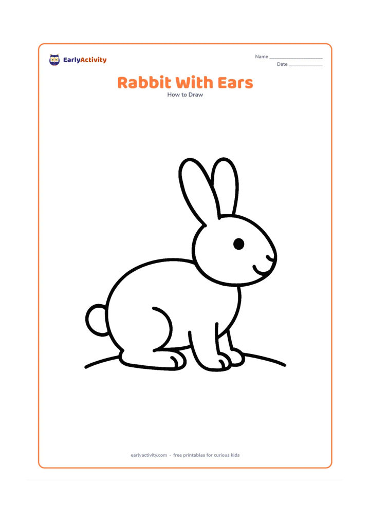 Worksheet: Show a simple side-view rabbit assembled from a large oval body, a smaller round head, two long ears, four short legs and a round tail. Place the rabbit on a single curved ground line.