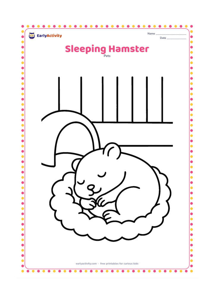 Colouring page: A peaceful hamster sleeps curled inside a small nest of soft bedding, with its paws tucked near its face. Add a simple crescent-shaped hideaway and a quiet corner of the cage.