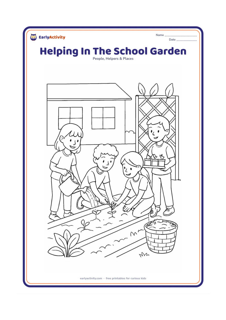 Colouring page: Four friends work in a school garden, with one watering seedlings, two planting together, and another carrying a tray of pots. Include garden rows, a trellis, a compost basket, broad…