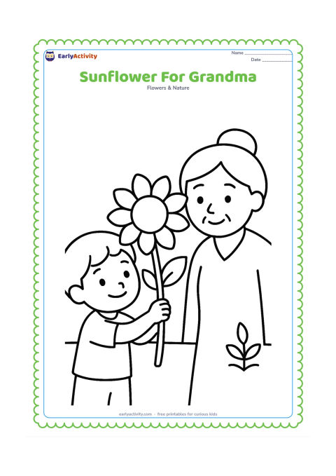 Colouring page: A child holds one large sunflower out toward a smiling grandmother, both shown from the waist up. Keep the background to one simple garden line and a small plant.