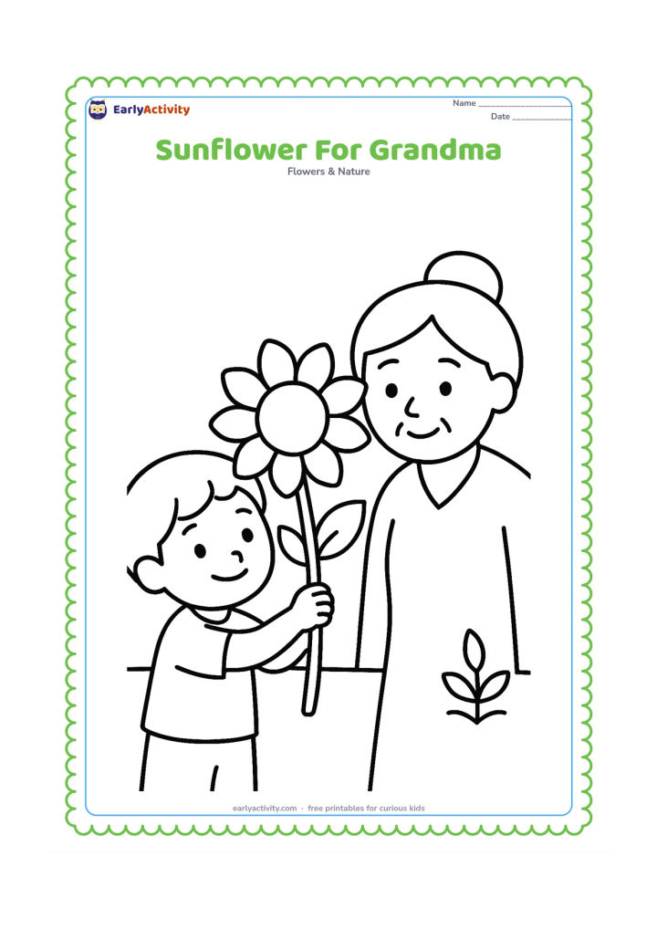 Colouring page: A child holds one large sunflower out toward a smiling grandmother, both shown from the waist up. Keep the background to one simple garden line and a small plant.
