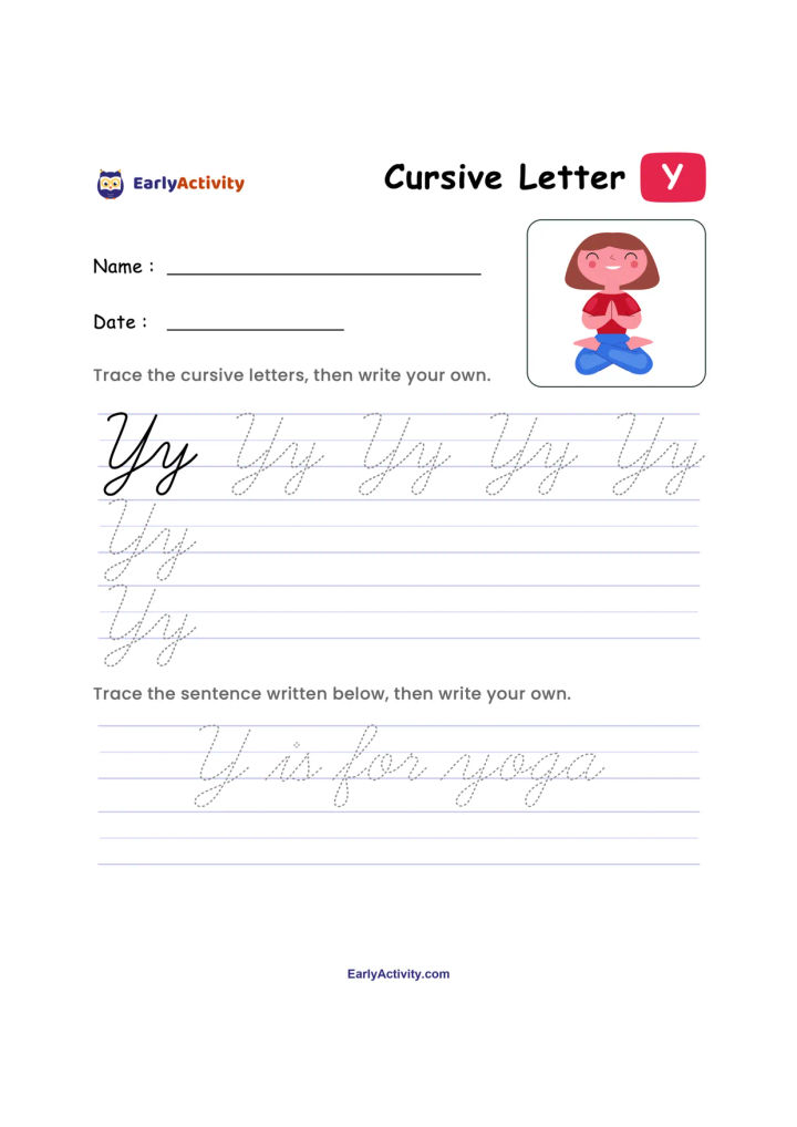 Worksheet for tracing and writing the cursive letter Y, with handwriting lines and a small yoga illustration.