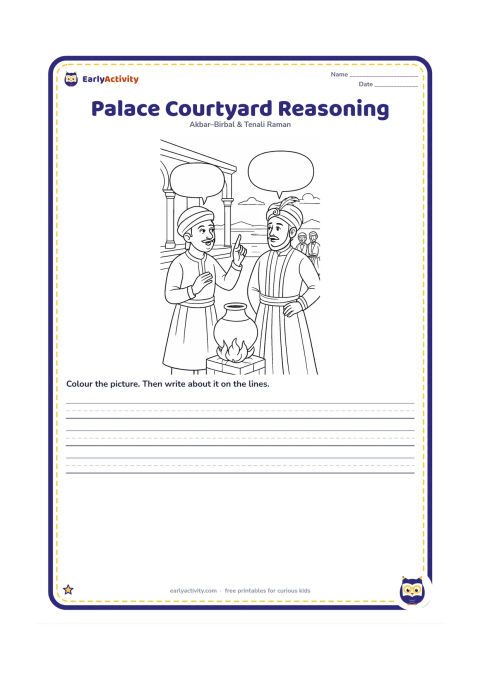 Printable: Show Birbal explaining the high-pot example to Akbar in a spacious palace courtyard, with the raised pot, low fire and distant lake scene visible behind them. A few courtiers listen…