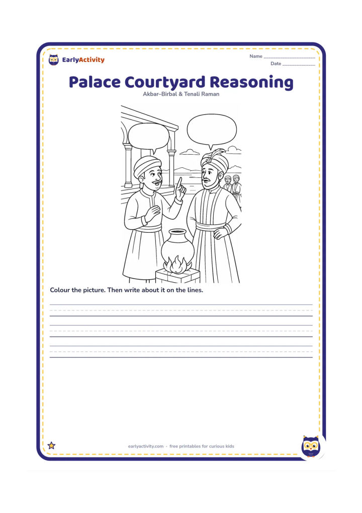 Printable: Show Birbal explaining the high-pot example to Akbar in a spacious palace courtyard, with the raised pot, low fire and distant lake scene visible behind them. A few courtiers listen…