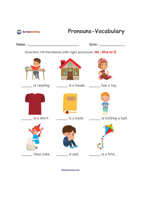 Worksheet with nine picture clues: a boy reading, a house, a girl with a toy, a shirt, a book, a child with a ball, a girl with cake, a sad child and a kite.