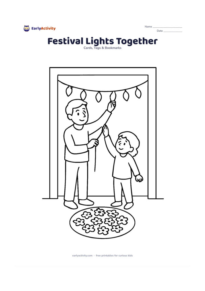 Worksheet: Draw a father and child hanging a string of unlit decorative lamps across a home doorway, with a tray of simple flower shapes on the floor. Include a rangoli-style circular pattern with…