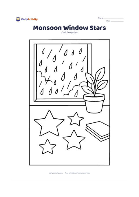 Worksheet: Arrange blank star templates on a table beside a window during monsoon weather, with raindrops on the glass, a potted plant and folded coloured paper nearby. Keep the stars separate and…