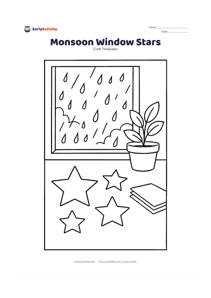 Worksheet: Arrange blank star templates on a table beside a window during monsoon weather, with raindrops on the glass, a potted plant and folded coloured paper nearby. Keep the stars separate and…