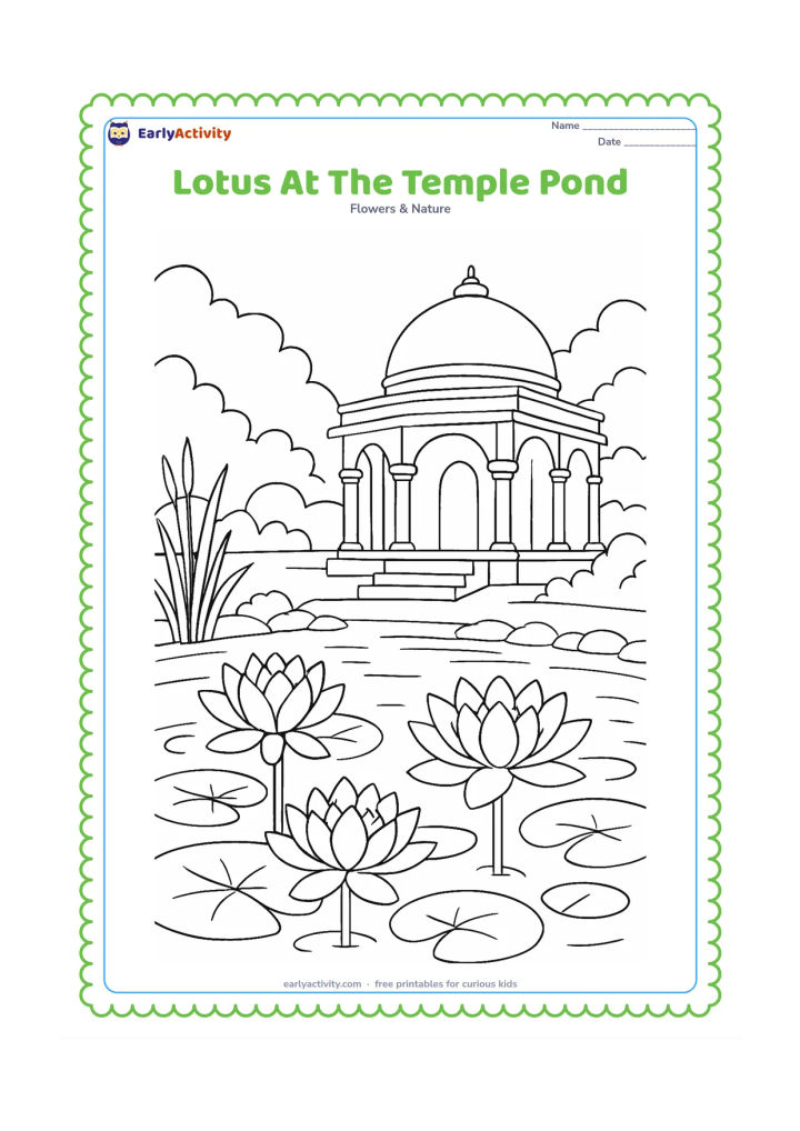 Colouring page: Draw a peaceful pond beside an Indian temple-style building with columns and a domed roof, surrounded by lotus blooms, leaves, reeds and stone steps. Keep the building plain with no…