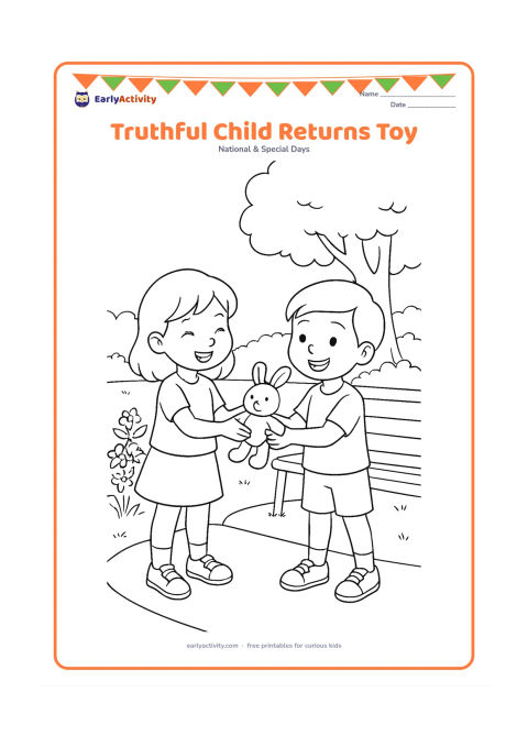 Colouring page: Draw a child returning a lost toy to another child in an Indian park, with both children smiling. Include a park bench, flowering plants, a large tree and a simple pathway.
