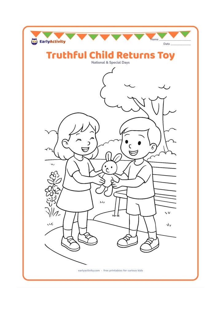 Colouring page: Draw a child returning a lost toy to another child in an Indian park, with both children smiling. Include a park bench, flowering plants, a large tree and a simple pathway.