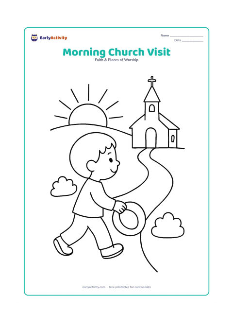 Colouring page: One child walks toward a small church in the morning, carrying a sun hat, with a path, two bushes, a rising sun, and a simple steeple in the background.