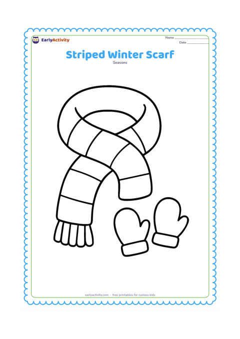Colouring page: A long cosy scarf curled into a gentle loop, with large broad stripes and simple tassels at both ends. Add a small mitten pair beside it.