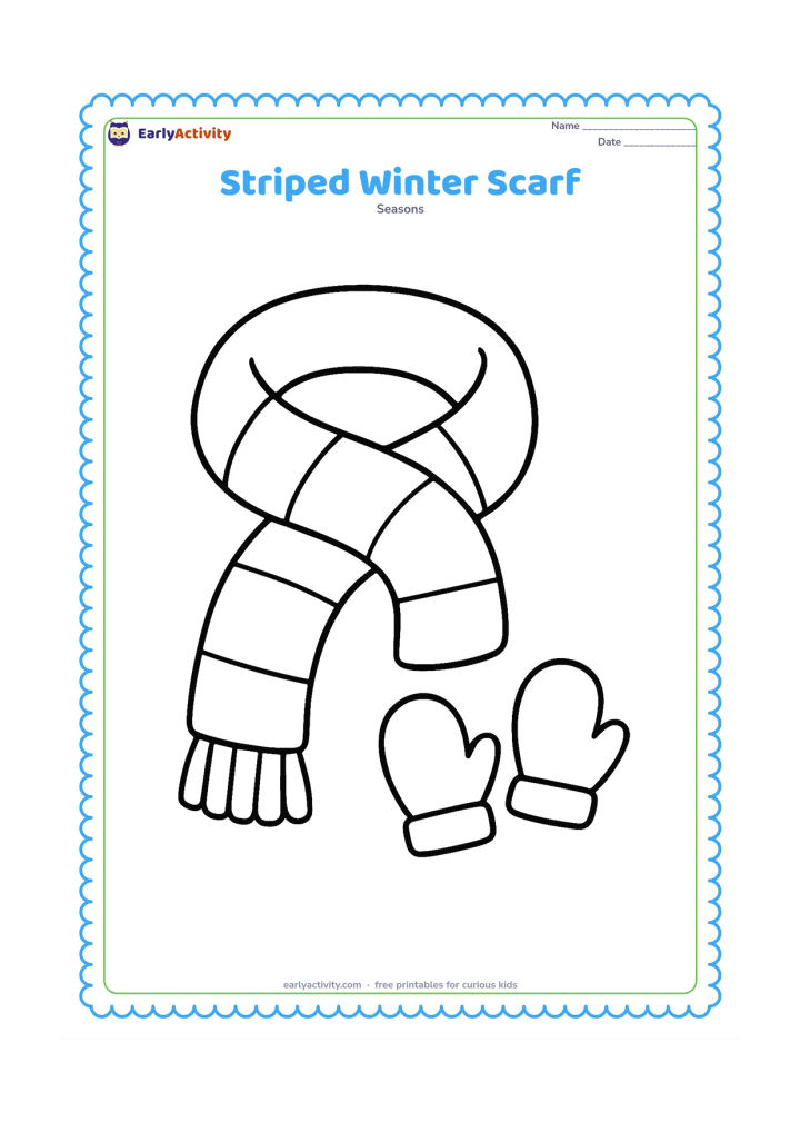 Colouring page: A long cosy scarf curled into a gentle loop, with large broad stripes and simple tassels at both ends. Add a small mitten pair beside it.