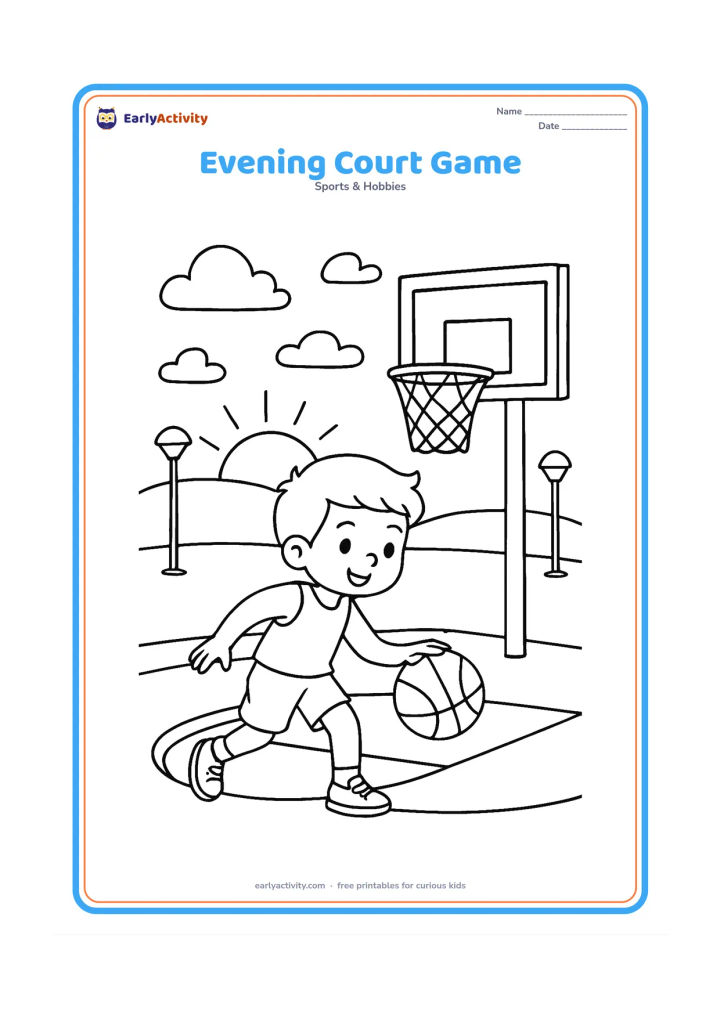 Colouring page: A player dribbles toward a hoop at dusk, with a low sun, a few clouds, court lines, and simple outdoor lamps. Show the ball, net, and player prominently.