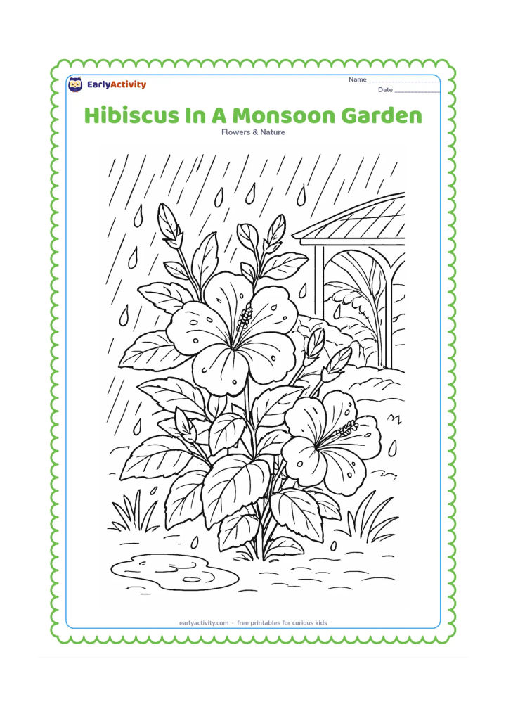 Colouring page: Draw a leafy hibiscus shrub during an Indian monsoon shower, with rain lines, droplets on petals, a small puddle, banana-like background leaves, and a covered garden walkway. Include two…
