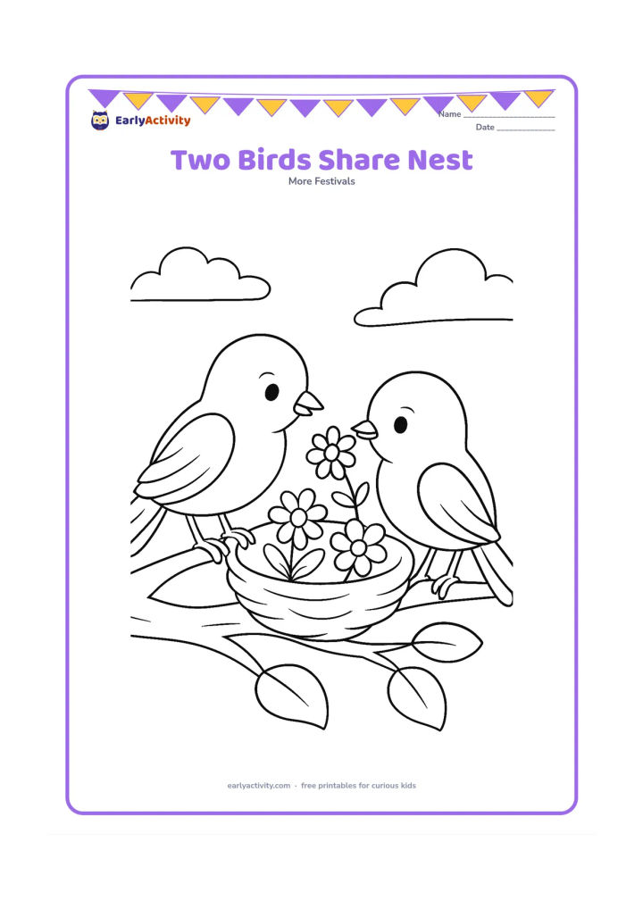 Colouring page: Two friendly birds place flowers into a nest together, with three heart-shaped leaves, a branch, and a softly outlined morning sky.