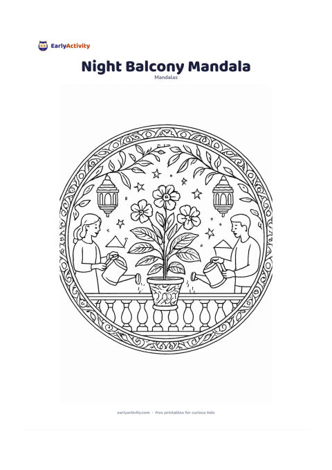 Colouring page: Design a circular mandala with a potted flowering plant at the centre, surrounded by balcony rail curves, hanging lanterns, stars, leaves and distant roof shapes. Add two people watering…