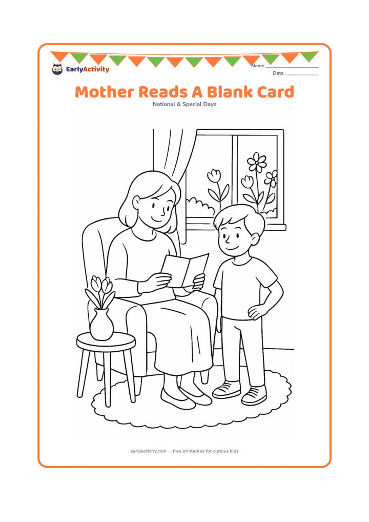 Colouring page: A mother sits in an armchair reading a completely blank card while a child stands beside her with a proud smile. Add a side table, a vase, a window with spring flowers and a soft rug.
