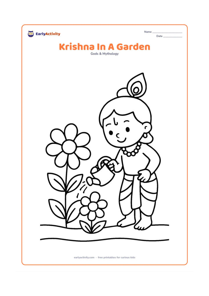 Colouring page: Draw child Krishna watering a large flower with a small pot. Include three oversized flowers, broad leaves, and a simple garden border.