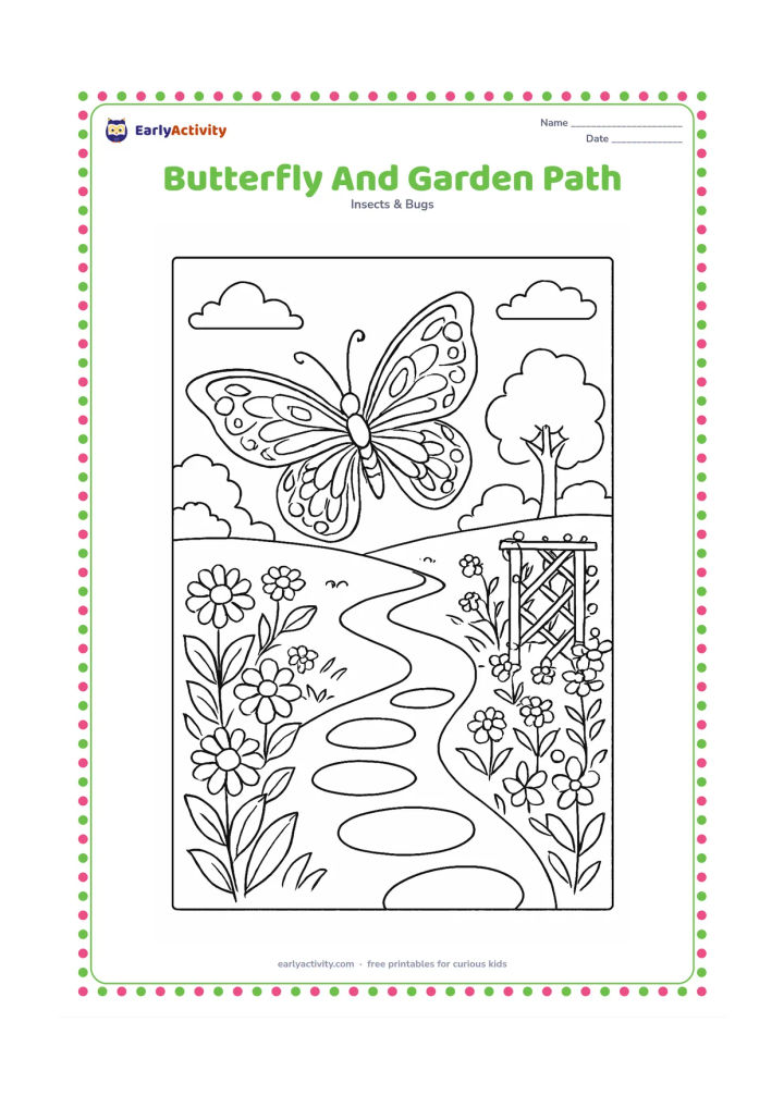 Colouring page: Draw a butterfly flying along a winding garden path bordered by flowering plants, stepping stones, a small trellis, and distant trees. Give the butterfly elaborate symmetrical wing…