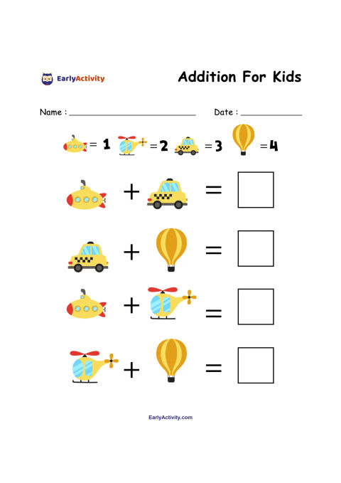 Worksheet showing picture addition equations with a submarine, helicopter, taxi and hot-air balloon, plus answer boxes.