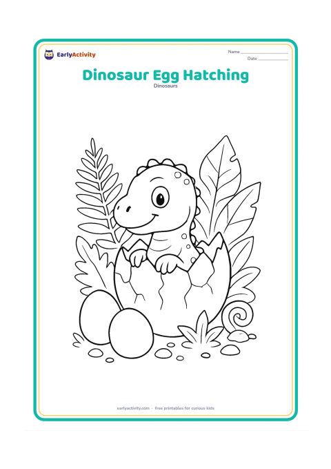 Colouring page: Draw a friendly baby dinosaur peeking from a cracked egg among ferns and broad prehistoric leaves. Place two unhatched eggs, small stones and a curled fern in the foreground.