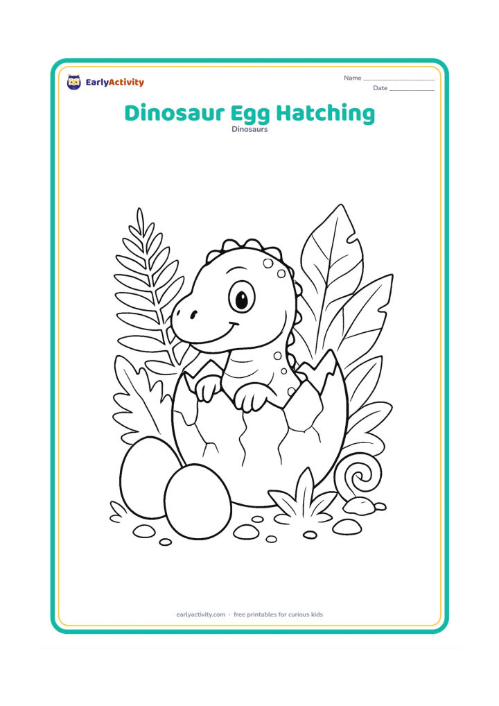Colouring page: Draw a friendly baby dinosaur peeking from a cracked egg among ferns and broad prehistoric leaves. Place two unhatched eggs, small stones and a curled fern in the foreground.