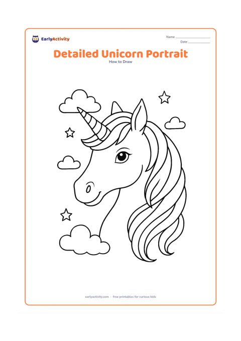 Worksheet: A three-quarter unicorn portrait with carefully placed eyes, muzzle, ears and horn, a layered flowing mane with individual locks, and subtle cheek and neck contours. Frame it with a few…