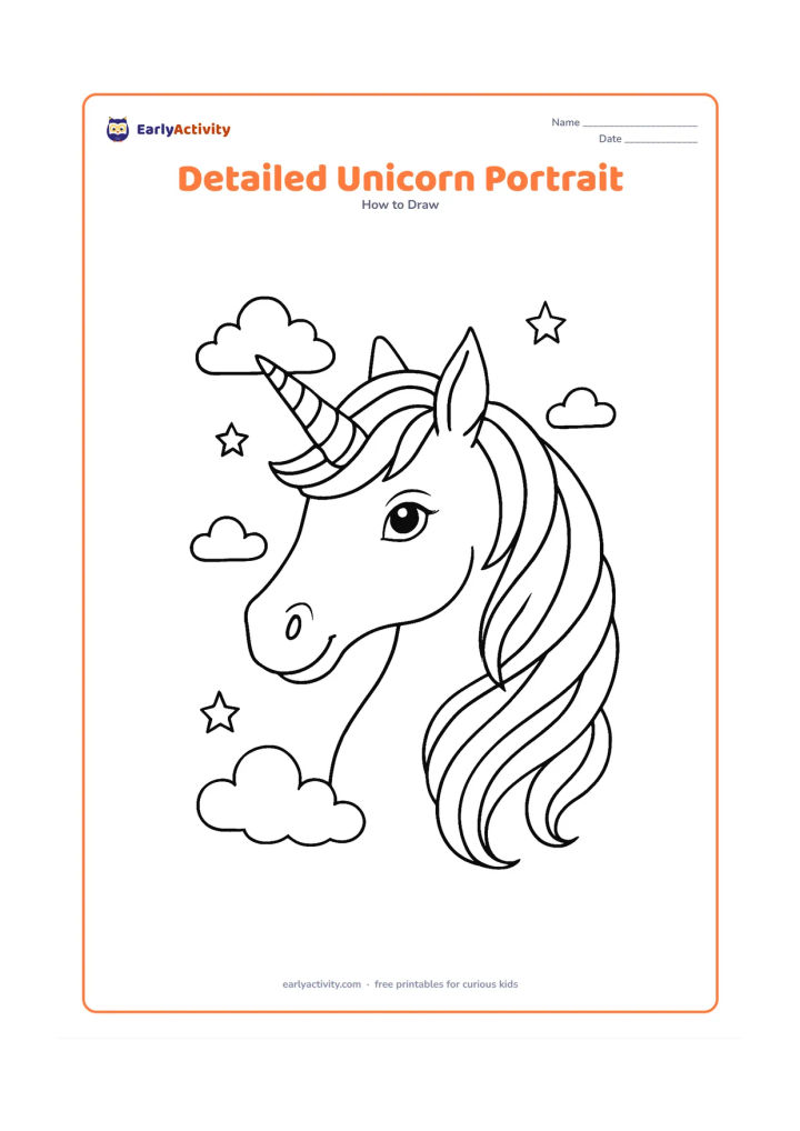 Worksheet: A three-quarter unicorn portrait with carefully placed eyes, muzzle, ears and horn, a layered flowing mane with individual locks, and subtle cheek and neck contours. Frame it with a few…