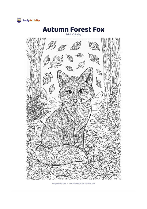 Colouring page: Draw a friendly fox sitting among fallen autumn leaves in a forest clearing, with mushrooms, acorns, ferns, tree trunks, a small stream and distant hills. Include swirling leaves in the…
