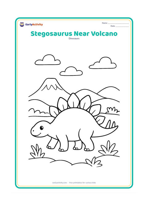 Colouring page: Draw a calm stegosaurus walking in the foreground with a distant quiet volcano, wispy clouds, layered hills, and low plants. The volcano must have no eruption, danger, or smoke covering…